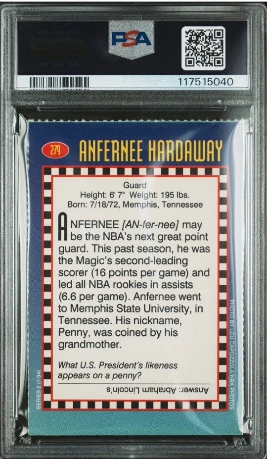 Anfernee Hardaway ROOKIE Penny Sports Illustrated For Kids Orlando Magic PSA 9 - Image 2 of 3