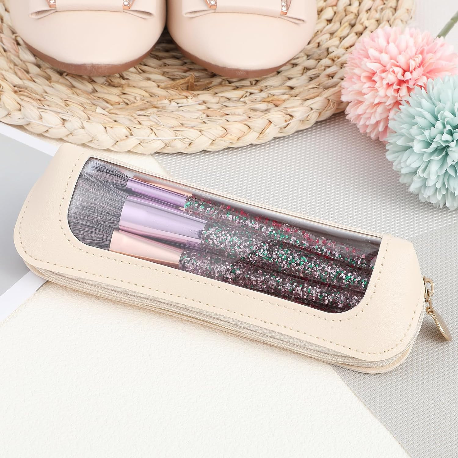 1 PCS Clear Pencil Case with Zipper PU Leather Clear Makeup Brush Bag Double Sid