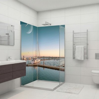 Duschrückwand Dusche Fugenlos Wandverkleidung Motiv: Hafen, 3mm, Aluminium