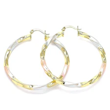 Women's Tri-Color Designer Twist 4mm Round Hoop Click-Top Earrings 50mm Medium