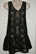 Miken Swimsuit Cover Up Tunic Dress Crochet Crystal Black Caviar I9473K396 Sz XS