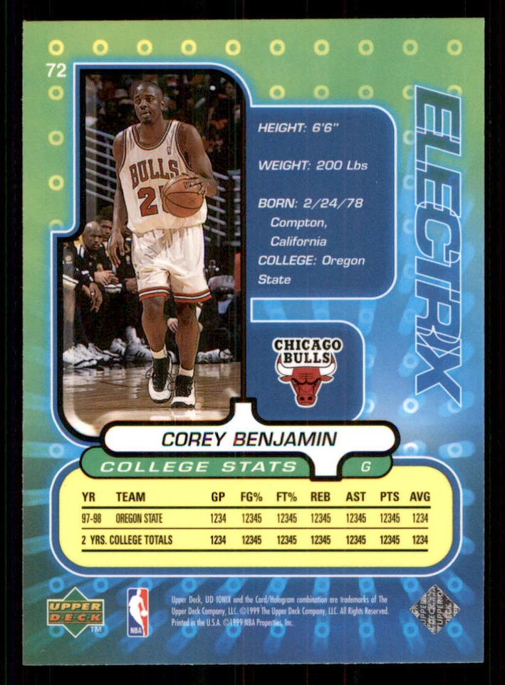 1998-99 UD Ionix #72 Corey Benjamin RC - Image 2 of 2