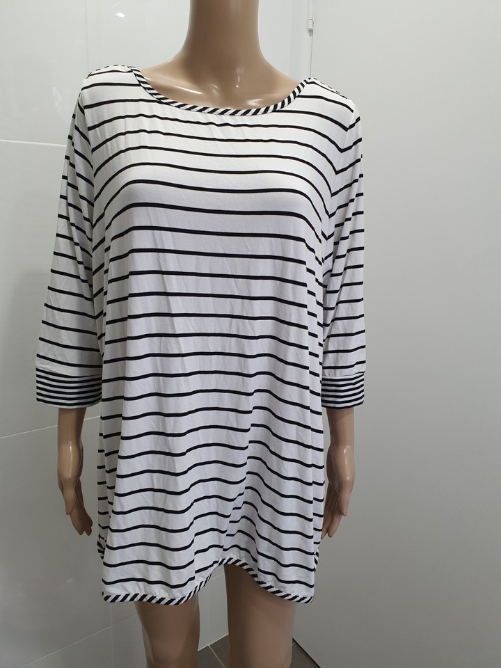 AUTOGRAPH TAG 18 BLACK WHITE STRIPED 3/4 SLEEVE TEE TOP SMART CASUAL WEAR