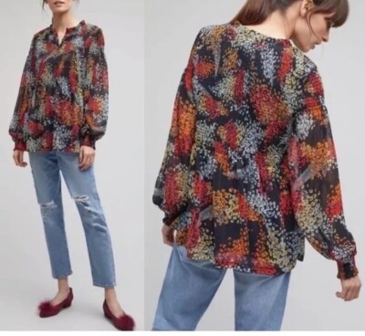 Anthropologie Akemi + Kim Adria Smocked Blouse Top with Abstract Floral Top Med