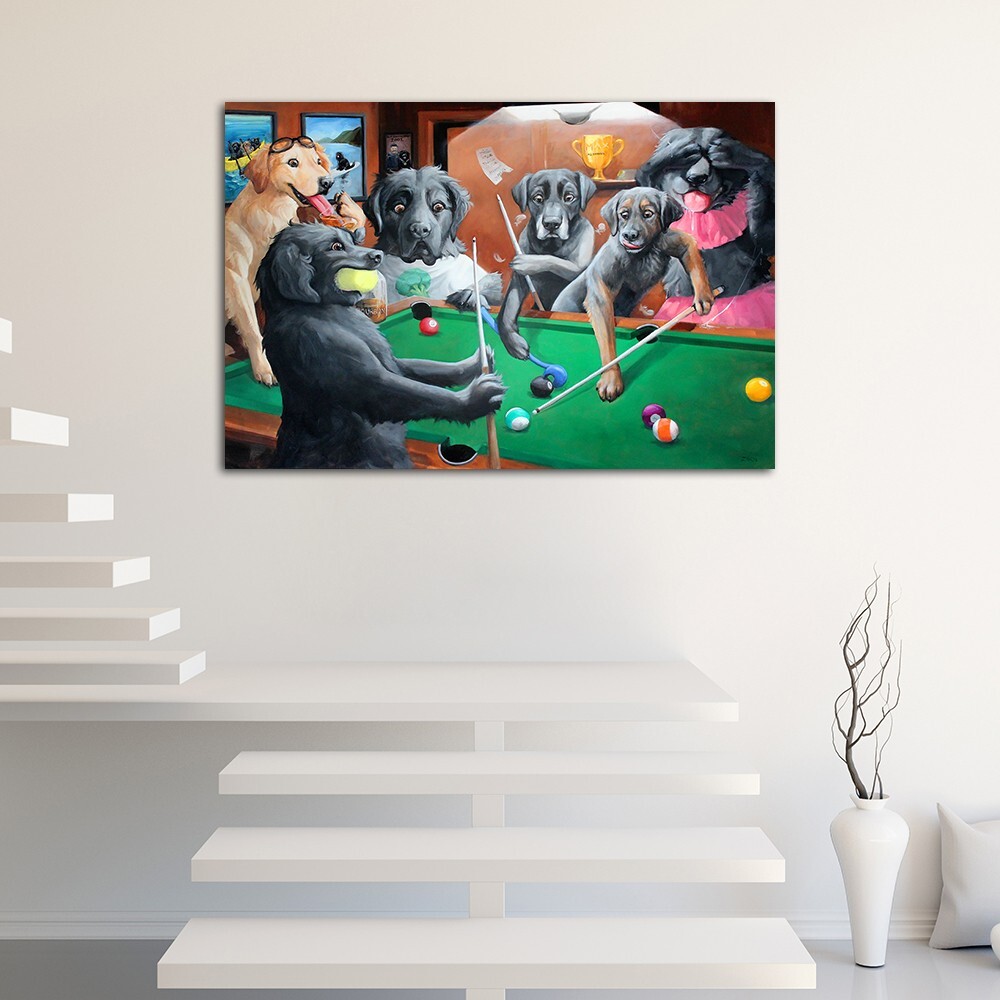Dogs Playing Pool Classic Billiards Art Print On Canvas – Medium Size – Fun Home Wall Decor