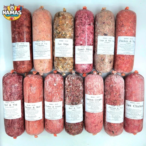 RAW DOG FOOD FROZEN 1 OF EACH FLAVOUR 13 ROLLS CHUBBS COMPLETE 80 10 10 454g