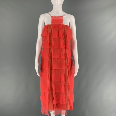 AKRIS Size 10 Orange Tan Silk See Through Spaghetti Straps Dress