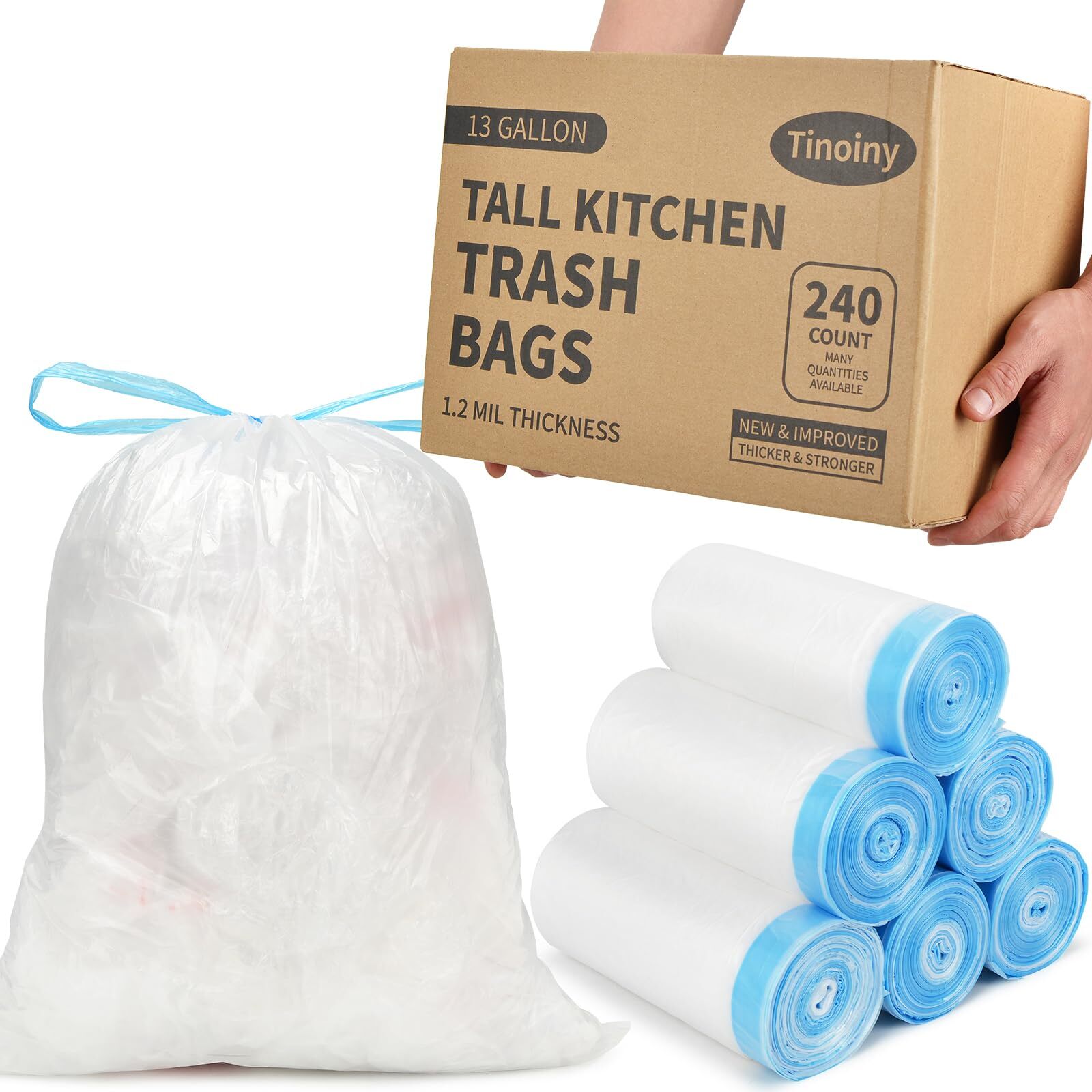 13 Gallon Drawstring Trash Bags - 240 Count - 1.2 Mil Thick Strong Plastic Ta...