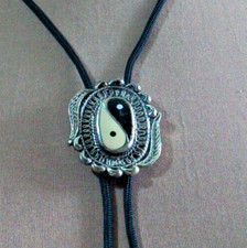 western bolo / bootlace tie Ying & Yang silver tone on black lace