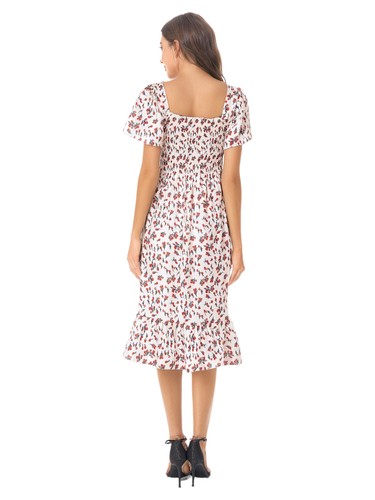 Women Floral Dress Calf-length Midi Dress Short-sleeve Cinched Dress High-waist - Picture 17 of 39