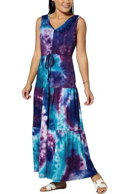 #ad Nina Leonard Sleeveless Tiered Tie Dye Maxi Dress Plum Teal Multi $26.59