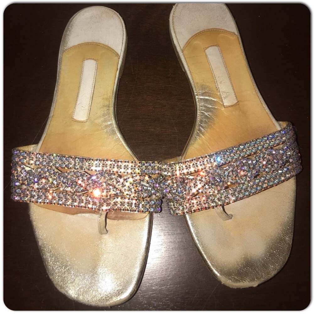 GINA Women's Gold Leather Thong Post Swarovski Strap … Gem