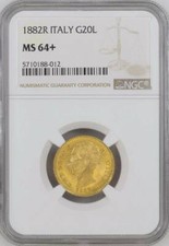 ITALIA, ORO 20 LIRE 1882 R NGC MS 64+, RARO1