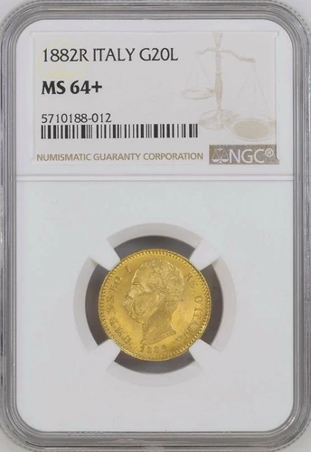 ITALY , GOLD 20 LIRE 1882 R NGC MS 64+ , RARE1