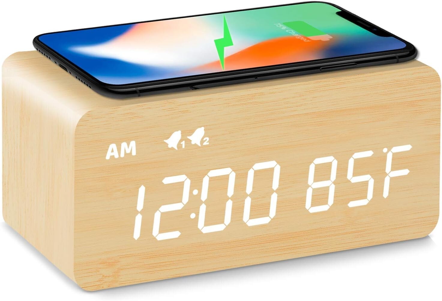 Wooden Digital Alarm Clock Wireless Charging, 0-100% Dimmer, Bamboo