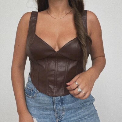 Bardot Revolve Brown Vegan Faux Leather Corset Crop Top UK 12