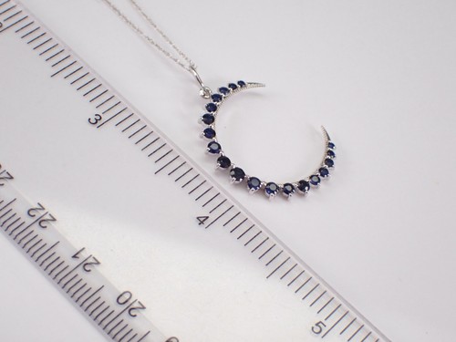 White Gold Crescent Moon Sapphire Charm Pendant Choker Necklace Chain - Picture 5 of 5