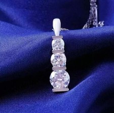 2CT Round Lab Created Diamond Bar 3-Stone Pendant Necklace 14k White Gold Plated