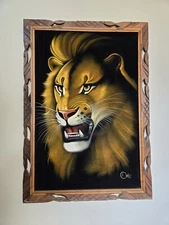 Huge 40x28 Wooden Frame Vintage Black Velvet Painting Ortiz Lion Head Mane