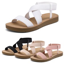 Women Open Toe Ankle Strap Casual Summer Elastic Flat Sandals Shoes