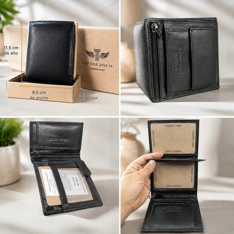 Cartera de Piel Genuina de Cabra para Hombre – Negra – Hecha a Mano