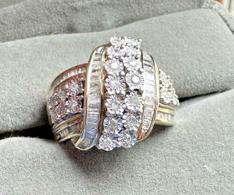 SK9 Allure Large Sterling Silver Baguette Diamond Cluster Cocktail Ring Sz 8.5