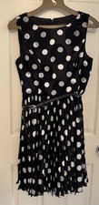 Adrianna Papell Navy Pleated Burn Out White Polka Dot Fit & Flare Dress Size 12P