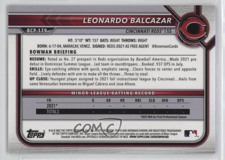 2022 Bowman Chrome Sapphire Edition Prospects Yellow /50 Leonardo Balcazar - Image 2 of 2