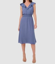 Vince Camuto Women's Blue V-Neck Smocked Ruffled MIDI Dress Size XL