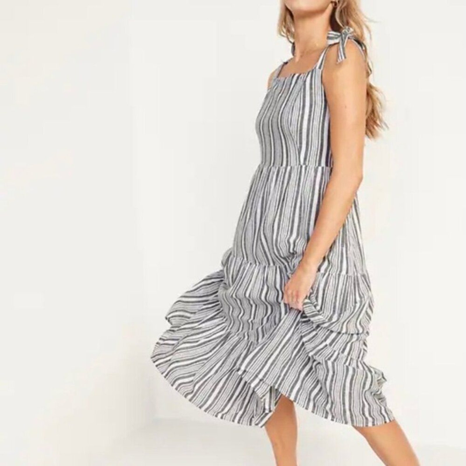 OLD NAVY Small Black White Striped Tiered Ruffled Sundress Smocked Midi Linen