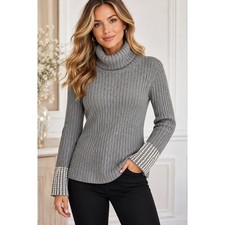 Simply Vera Vera Wang XS Gray Ribbed Turtleneck Sweater Pearl Cuff Embellished