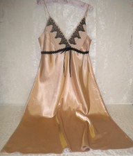 DELICATES LADY'S STRAPPY NIGHTGOWN SZ L BEIGE  BLACK POLY/SATIN KNEE BOX25