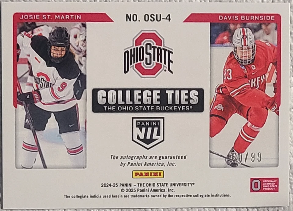 Corbatas universitarias Panini Nil 2025 autógrafo de Davis Burnside y Josie St. Martin/99 Foto 2 de 3