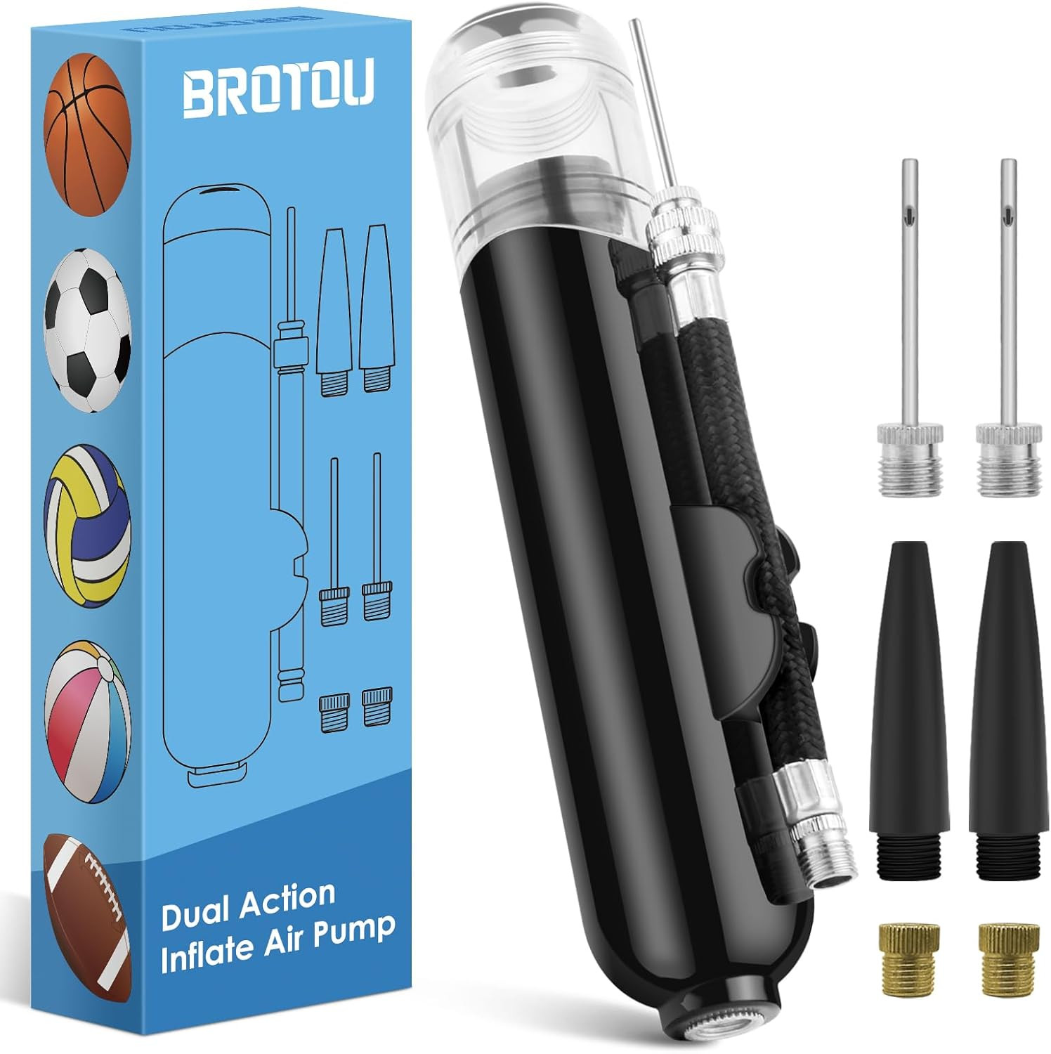 Ball Pump, Dual Action Inflate Air Pump with 3 Needles and 2 Nozzles for Soccer