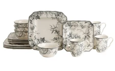 Adelaide 16-Piece Square Floral Dinnerware Set – Service for 4, Grey & White ...