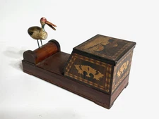 Vtg Mechanical Cigarette Dispenser Wood w/Pecking Bird Japan Mt.Fuji non-working