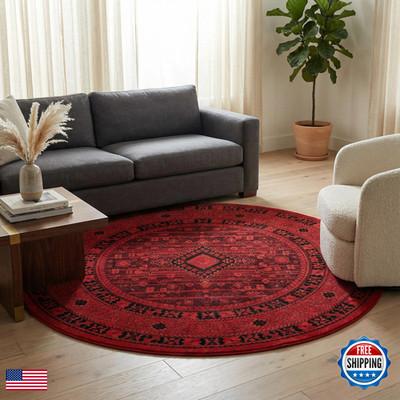 Unique Loom Tekke Collection Area Rug - Sheibani 5 Round Red/ Black