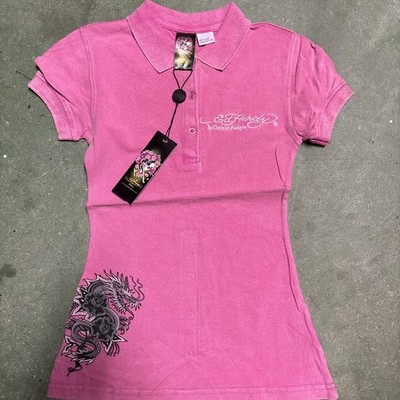Ed Hardy Women's Polo Shirt Size Large Roses Graphic Back