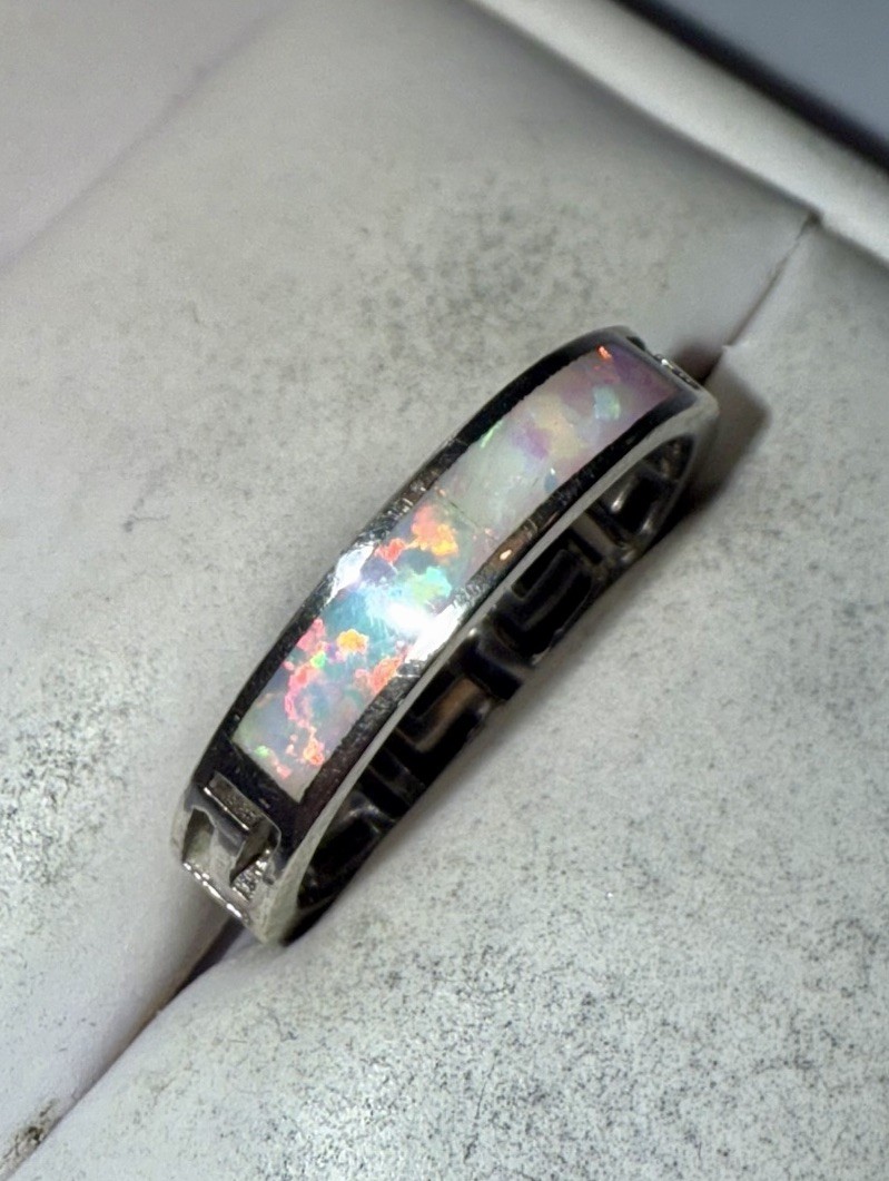 ESTATE Solid Sterling Silver Fire Opal Inlay Gree… - image 2