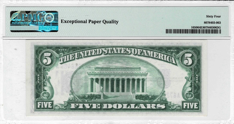 1934 $5 Silver Certificate note--fr.1650--AA Block--PMG CU 64 EPQ - Image 2 of 4