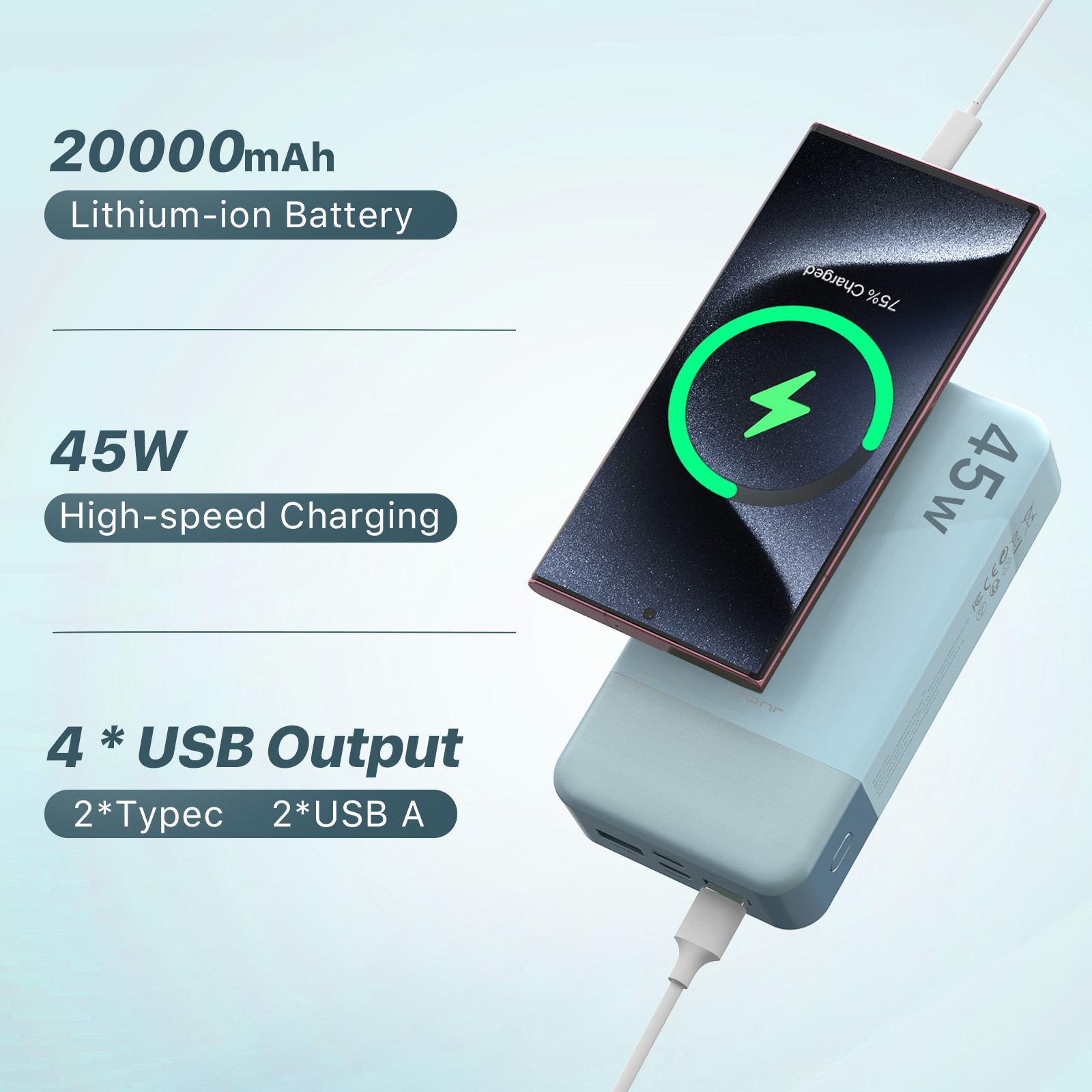 Power Bank 20000mAh 45W PD3.0 Charger External Battery Backup For Mobile Phone