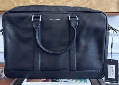 NEW Hook & Albert Black Pebbled Leather Laptop Briefcase, Messenger Bag 