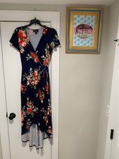 By & B7 Surplice Faux Wrap Dress Womens S Navy Blue Floral Cottage Vneck Pretty