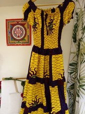 Gorgeous African Style Runched Waist Bodice Yellow Cotton Midi Maxi Dress Small