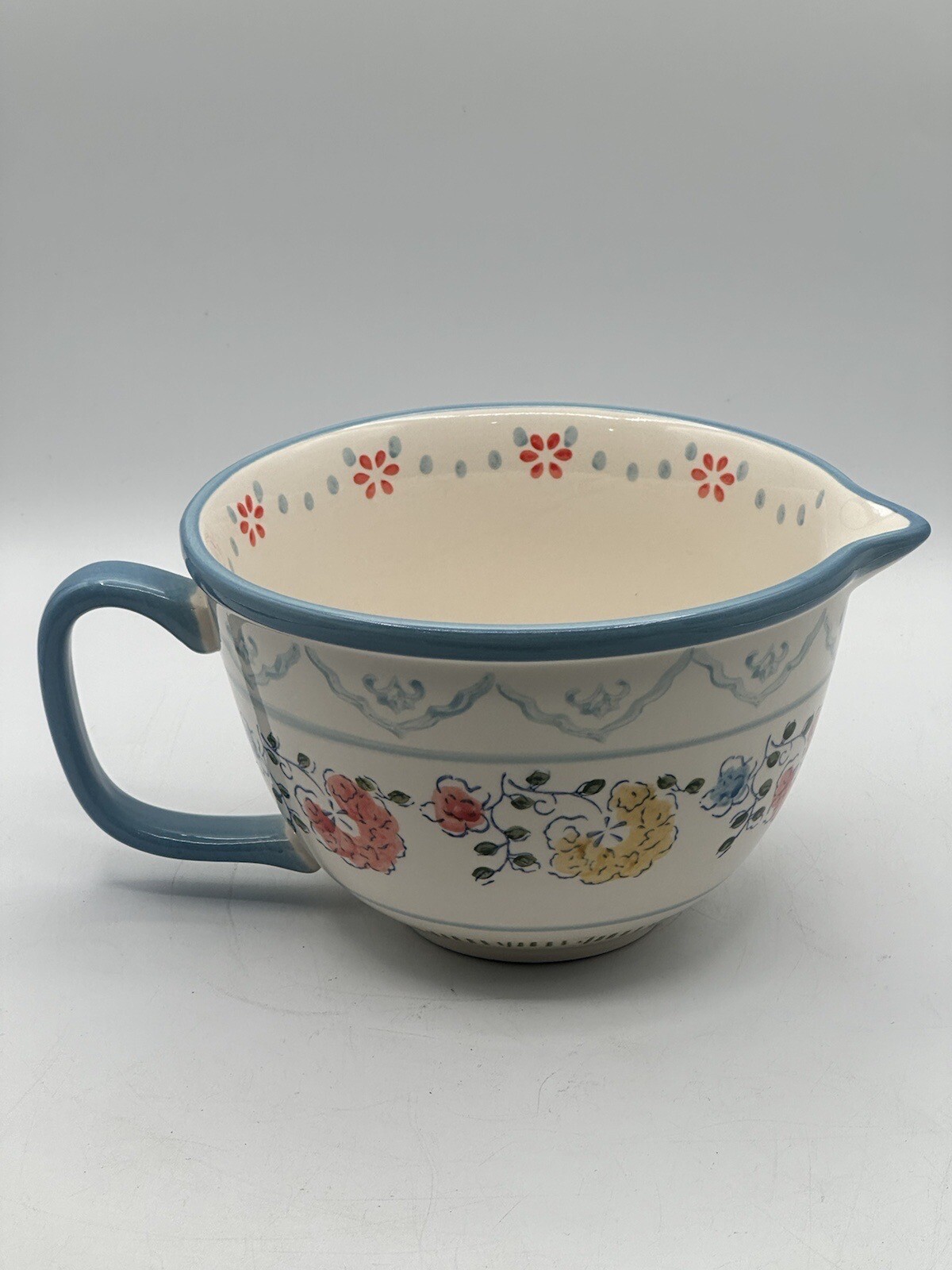 Gibson Elite Anaya 2 Qt Hand Painted Floral Stoneware Batter Bowl Handled Spout