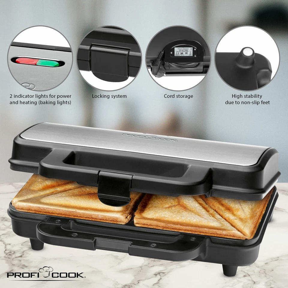 Proficook ST 1092 Sandwichera 2 sandwiches grandes americanos XXL 14.5 x 14.5 cm - Imagen 3 de 4