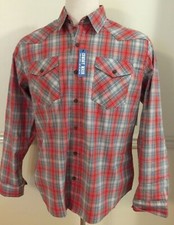 NWT Men Wrangler Button Long Sleeve L/S Shirt Cotton Blend Red Plaid Cowboy Wash