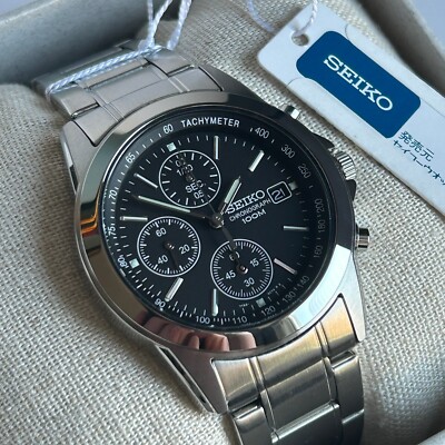 Seiko Edelstahl Chronograph schwarzes Zifferblatt Quarz Herrenuhr SND309P