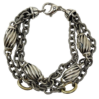 Alisa 3 Strand Sterling Twisted Cable Links & Beads & 18k Gold Ovals Bracelet