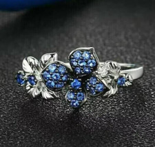 1.21ct Lab Created Blue Sapphire Elegant Flower Wedding Women's Ring 925 Silver